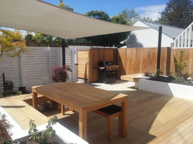 Outdoor area, with shade sail and beautifull landscaping